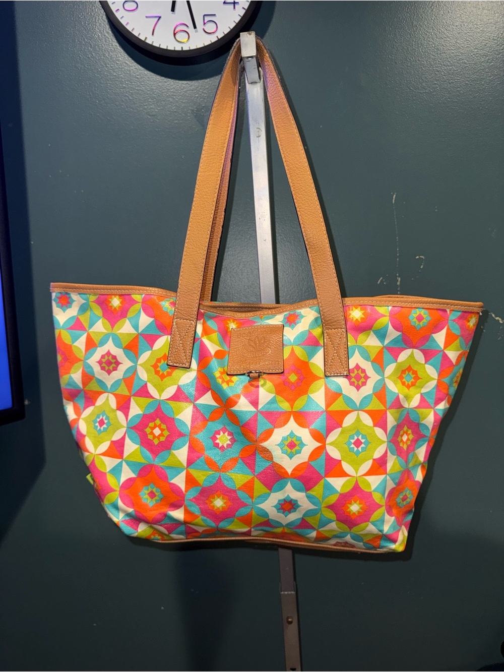 Lily Bloom Multicolor Geometric Canvas Tote with Tan Handles